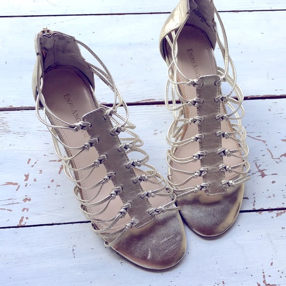 Golden Kitten Heel Leather Gladiator Sandals - Picture 7 of 10